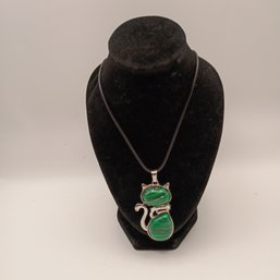Malachite Glass Sitting Cat Charm Pendant Silver Tone Cute Animal Jewelry Gift (NM)