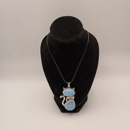 Opalite Glass Sitting Cat Charm Pendant Silver Tone Cute Animal Jewelry Gift (NM)