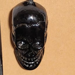 Black Resin Skull Pendant Necklace Knotted Cord Wooden Beads Goth Jewelry (NM)