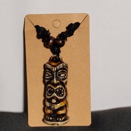 Brown Resin Carved Bone Look Cylindrical Tiki Totem Pendant Necklace Knotted Black Cord Wood Beads (NM)