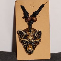 Brown Resin Carved Bone Look Raccoon Head Pendant Necklace Knotted Black Cord Brown Wooden Beads(NM)