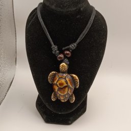 Brown Resin Sea Turtle Pendant Necklace, Crafted From Resin To Mimic Carved Bone Or Coconut Shell (NM)