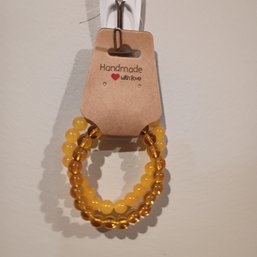 Honey Amber And Milky Yellow Glass Beaded Stretch Bracelet Set Set Of 2 Unisex Jewelry (NM)