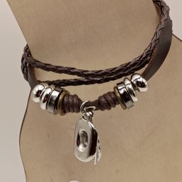 Handmade Braided Boho Brown Leather Wrap Adjustable Bracelet With Silver Hat Charm (NM)