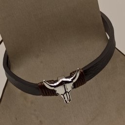 Handmade Boho Dark Brown Leather Adjustable Bracelet With Silver Longhorn Steer Skull Charm (NM)