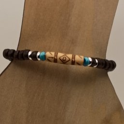Handmade Beaded Boho Dark Wood Stretchy Bracelet With Carved Bone Central Bead And Turquoise Accents (NM)