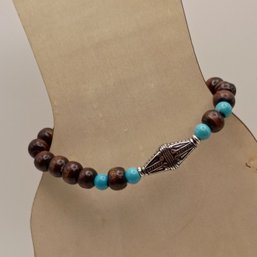 Handmade Boho Round Brown Wood Bead Bracelet Silver Lozenge Lattice Focal Charm Turquoise Unisex (NM)