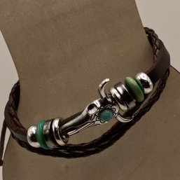 Handmade Boho Braided Brown Leather Elephant Bracelet Silver Detail Close-Up Turquoise Focal View (NM)