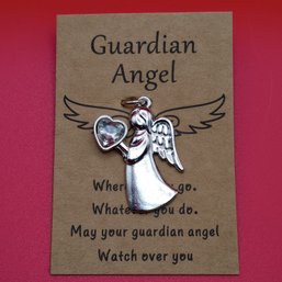 Guardian Angel Silver Tone Charm Pendant Clear Rhinestone Heart Token Blessing Card (NM)