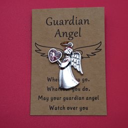 Guardian Angel Silver Tone Charm Pendant Pink Rhinestone Heart Token Blessing Card (NM)