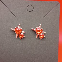 Silver Tone Double Star Heart Stud Earrings Red Rhinestone Accent Retro (NM)