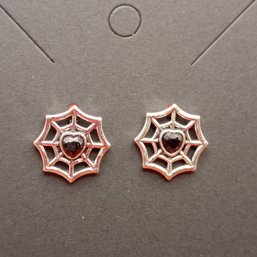 Silver Tone Spider Web Stud Earrings Black Heart Rhinestone Gothic Retro (NM)