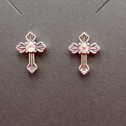 Silver Tone Ornate Gothic Cross Stud Earrings Clear Rhinestone Center Retro (NM)