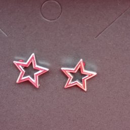 Silver Tone Open Star Stud Earrings Pink Red Enamel Cutout Border Minimal (NM)