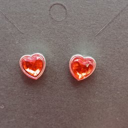 Silver Tone Heart Stud Earrings Faceted Red Rhinestone Valentine Gem (NM)