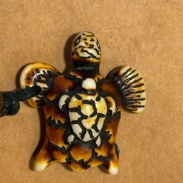 Sea Turtle Pendant Necklace, Crafted From Resin To Mimic Carved Bone Or Coconut Shell (NM)
