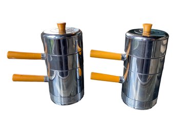 Two Russel Wright Chase Chrome Bakelite Stacking Coffee Sugar Cream Set