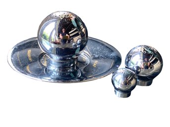 Russel Wright For Chase Chrome Salt & Pepper With Toothpick Ball And Plate Server