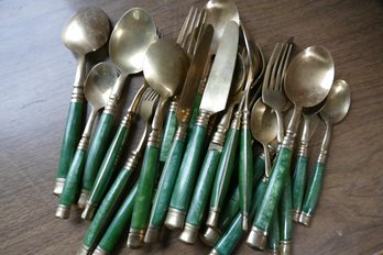 Vintage Green Handle Flatware Lot  Mixed Spoons, Forks & Knives - 604