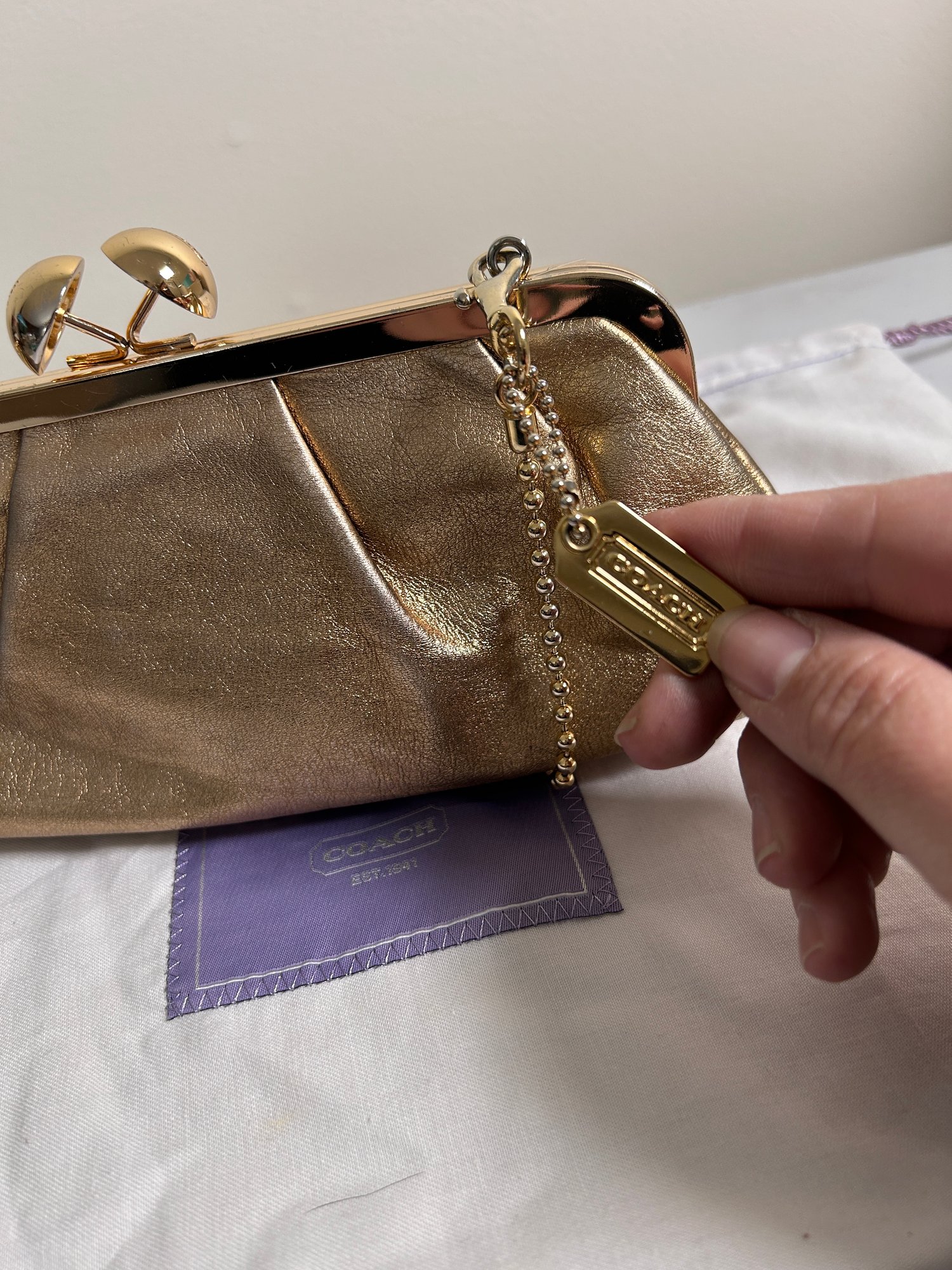 Rare Vintage Leather Coach Evening Clutch In Gold, With Optional