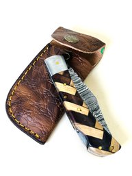 Hand Crafted Damascus Steel Pocket Knife With Leather Sheath