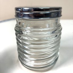 Vintage Ribbed Glass Jar W/ Metal Lid, Kitchen Storage Container