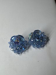 Vintage Blue Crystal Earrings Clip On Cluster Faceted Glass