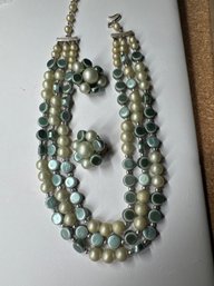 Vintage Japan Necklace Earring Set Acrylic Triple Strand Pearl