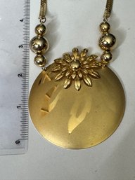 Vintage Gold Disc Pendant Necklace Earring Set Sunflower Bold
