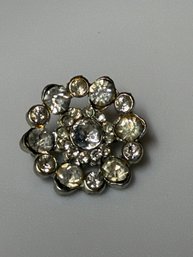 Vintage Round Silver Tone Clear Rhinestone Cluster Brooch Floral Pin