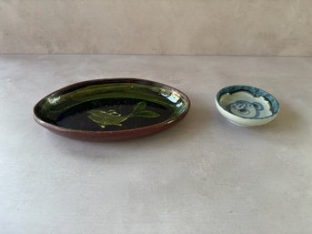 Antique Japanese Porcelain Dish (see Bottom Marking) & Unique Handmade Pottery Fish Plate