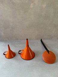 MCM Orange Porcelain Over Metal Funnels And Strainer Spoon*
