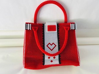 Black, White And Red Handmade Beaded Handbag NEW