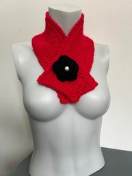 Handmade Knitted  Red Scarf & Handmade Crochet Black Flower Brooch NEW!