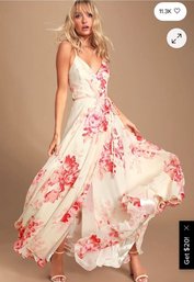 LULU'S Elegantly Inclined Cream And Coral Floral Print Wrap Maxi Dress SZ S