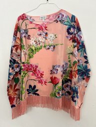 Jamie Gries Collection Pink Floral Fringed Silk Like Poncho M-L NEW!