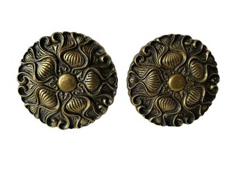 Vintage Solid Brass Large Ornate Curtain Tie Backs Set Of 2,  3.5'D X 4'H