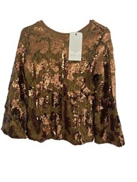 LaBellum Hillary Scott Gold Sequin Animal Print Lace Long  Sleeve Blouse SZ S New