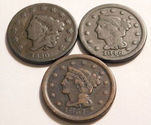 Lot Of 3 US Large Cents 1830 1846 1851