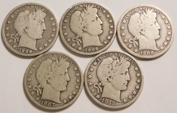 Lot Of 5 Barber Half Dollars 1899 1906 1907D 1908D And 1915D
