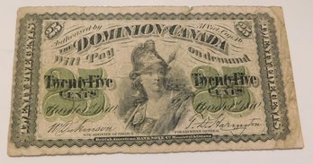 1870 Fractional 25 Cents Dominion Canada Bill
