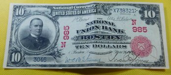 1902 $10 Red Seal National Currency Ch985 National Union Bank Of Boston (1905)