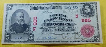 1902 Red Seal $5 National Currency Ch985 Union National Bank Of Boston (1905)