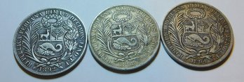 3 Peru 90 Percent Silver Coins Un Sol