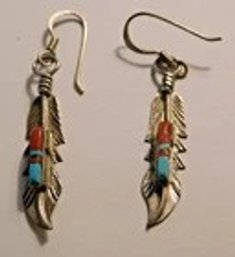 Barney Signed Sterling Silver Navajo Handmade Feather Earrings