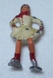 Vintage BARCLAY Female Village Ice Skater Lead Figure - White / Red 1930's