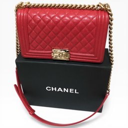 CHANEL Red Caviar Quilted Le Boy Bag - Gold Tone Hardware W/ COA