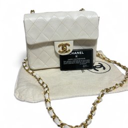 CHANEL Vintage Mini Square Flap Bag White Lambskin 24K Gold Hardware