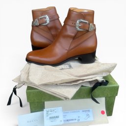 Gucci Jakarta Women's Calfskin Ankle Boots - Saddle Brown W/ Full Set