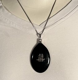 Marked Silver Chain And Onyx Chineese Pendant With Symbol For JOY